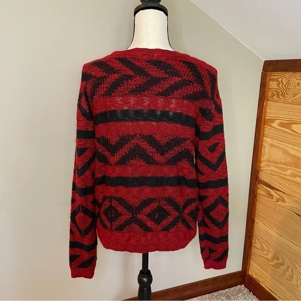 Forever 21 Red & Black Patterned Semi Sheer Sweater Large